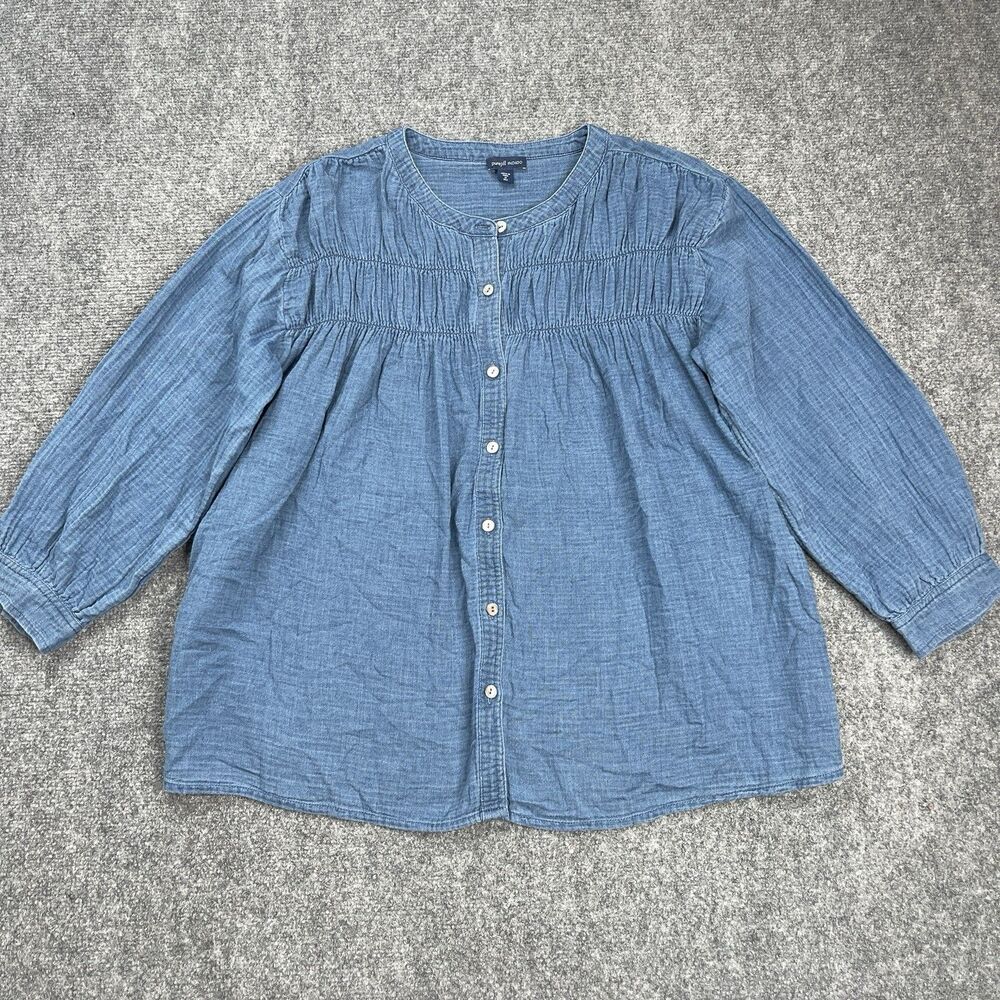 J Jill Pure Jill Top Womens Medium Tall Smocked Button Front 3/4 Sleeve Cotton